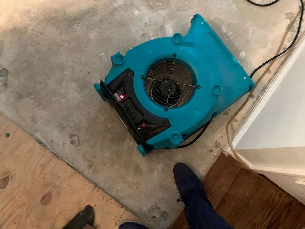 Air mover drying subfloor during Leak Detection & Repair in Matawan